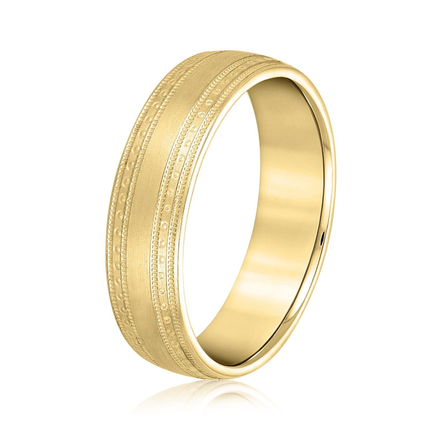 14K Yellow Gold Men's 6MM Brushed Wedding Ring With Engraved Accents