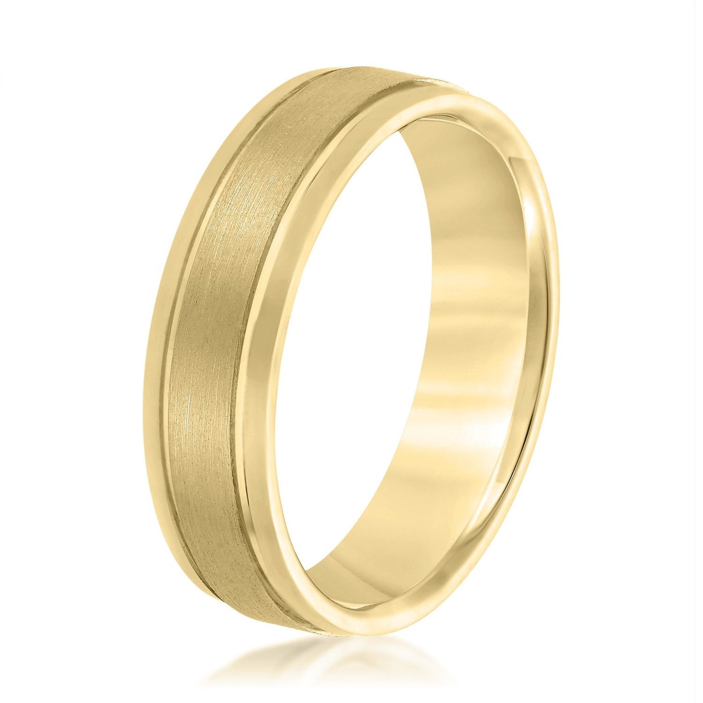 14K Yellow Gold Men's 6MM Wedding Band With Satin Finish And High Polish Beveled Edges