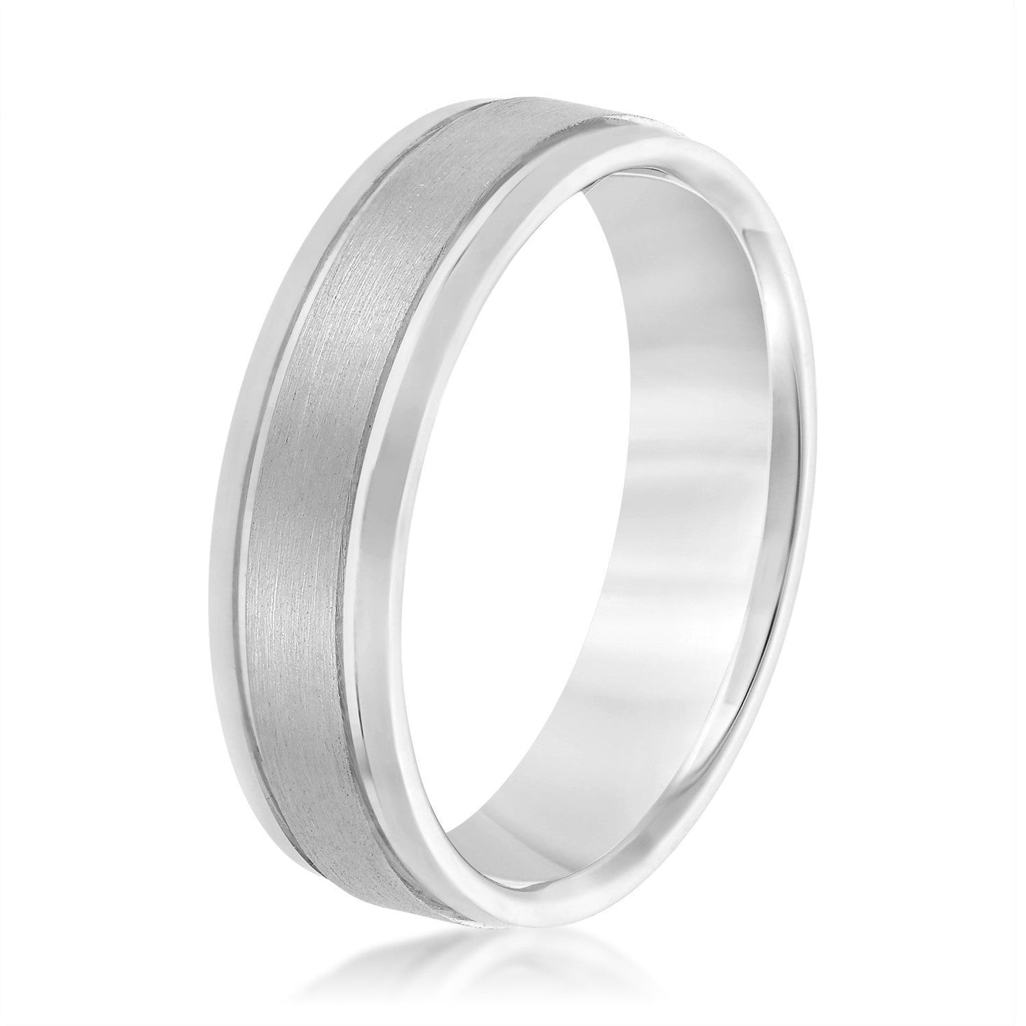 14K White Gold Men's 6MM Wedding Band With Satin Finish And High Polish Beveled Edges