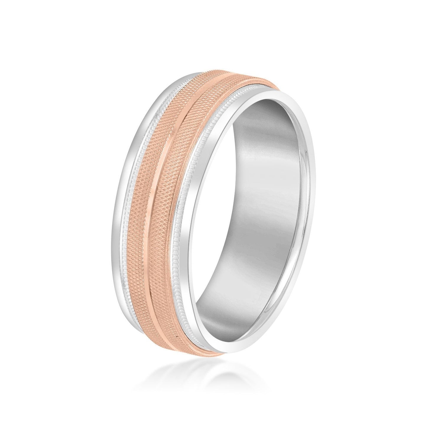 14K White And Rose Gold Men's 6MM Wedding Ring With High Beveled Center And Florentine Finish