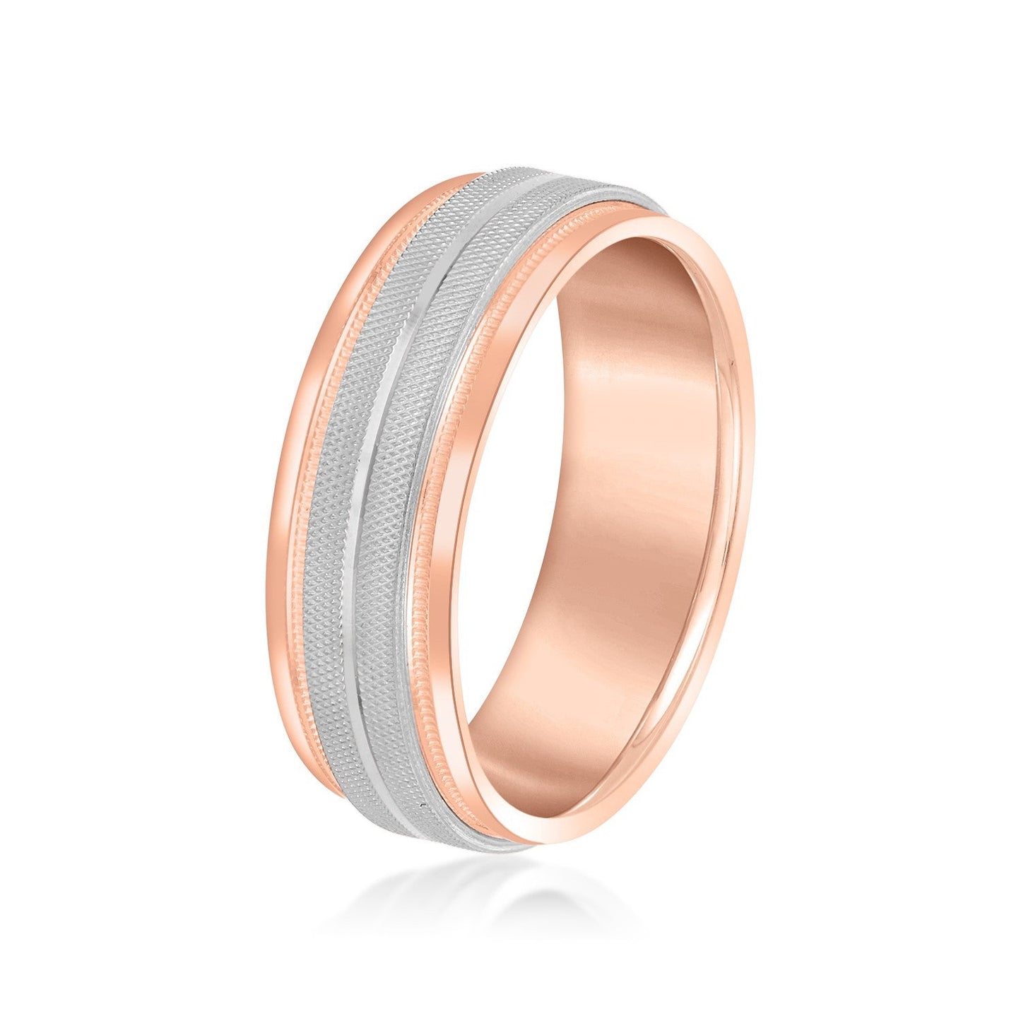 14K Rose And White Gold Men's 6MM Wedding Ring With High Beveled Center And Florentine Finish