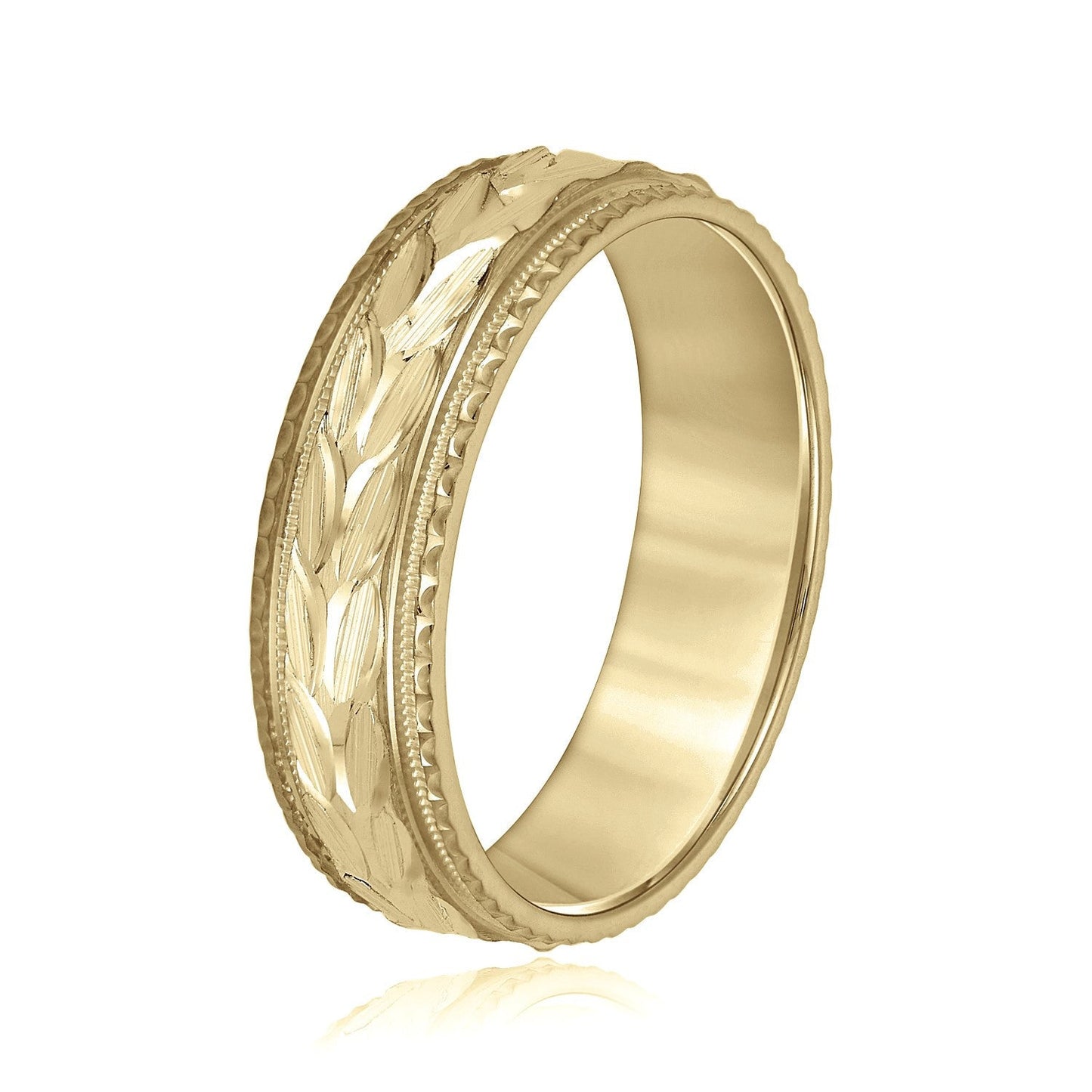 14K Yellow Gold Men's 6MM Wedding Ring With Engraved Accents