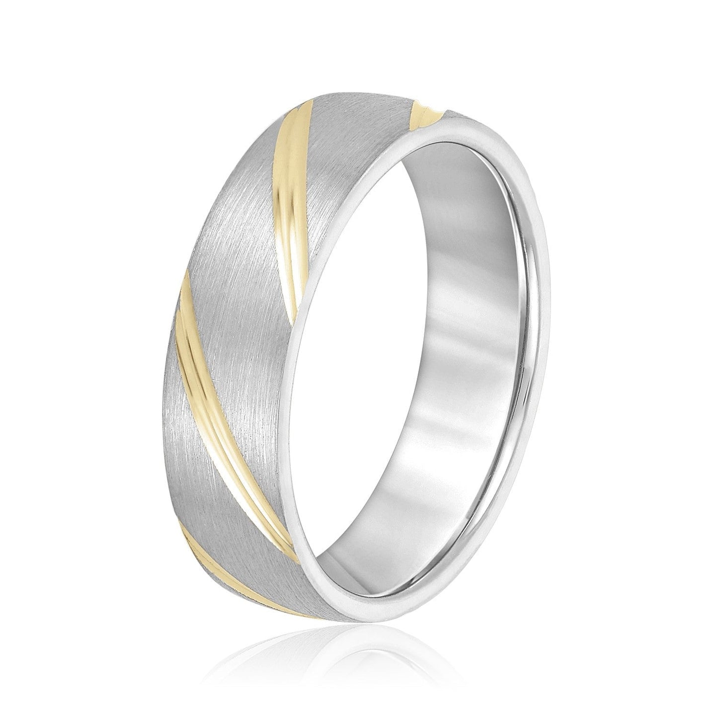 14K White And Yellow Gold Men's 6MM Wedding Band With Grooves And Brushed Finish