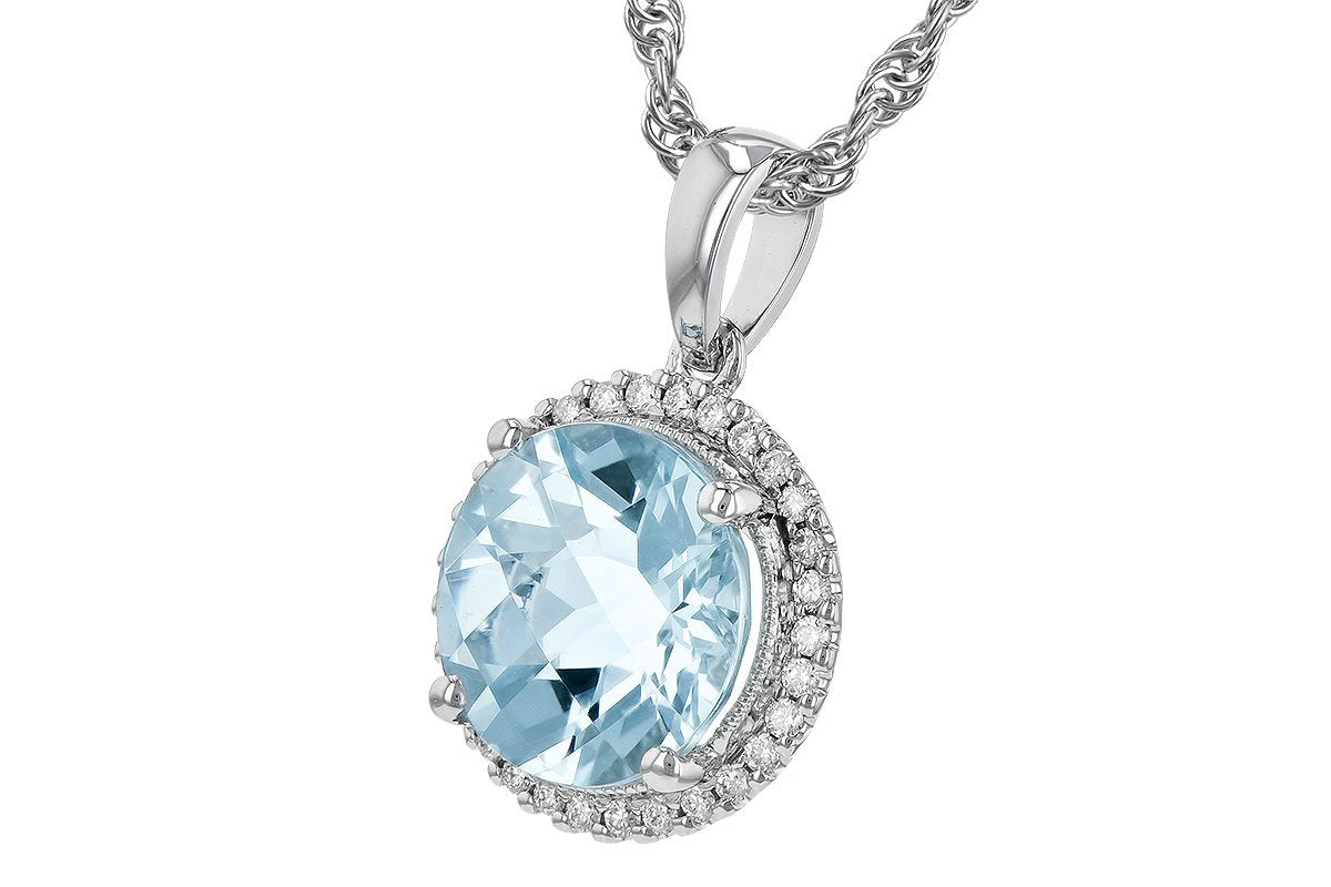 \14K White Gold Round Aquamarine And Diamond Halo Pendant (2.16ctw)