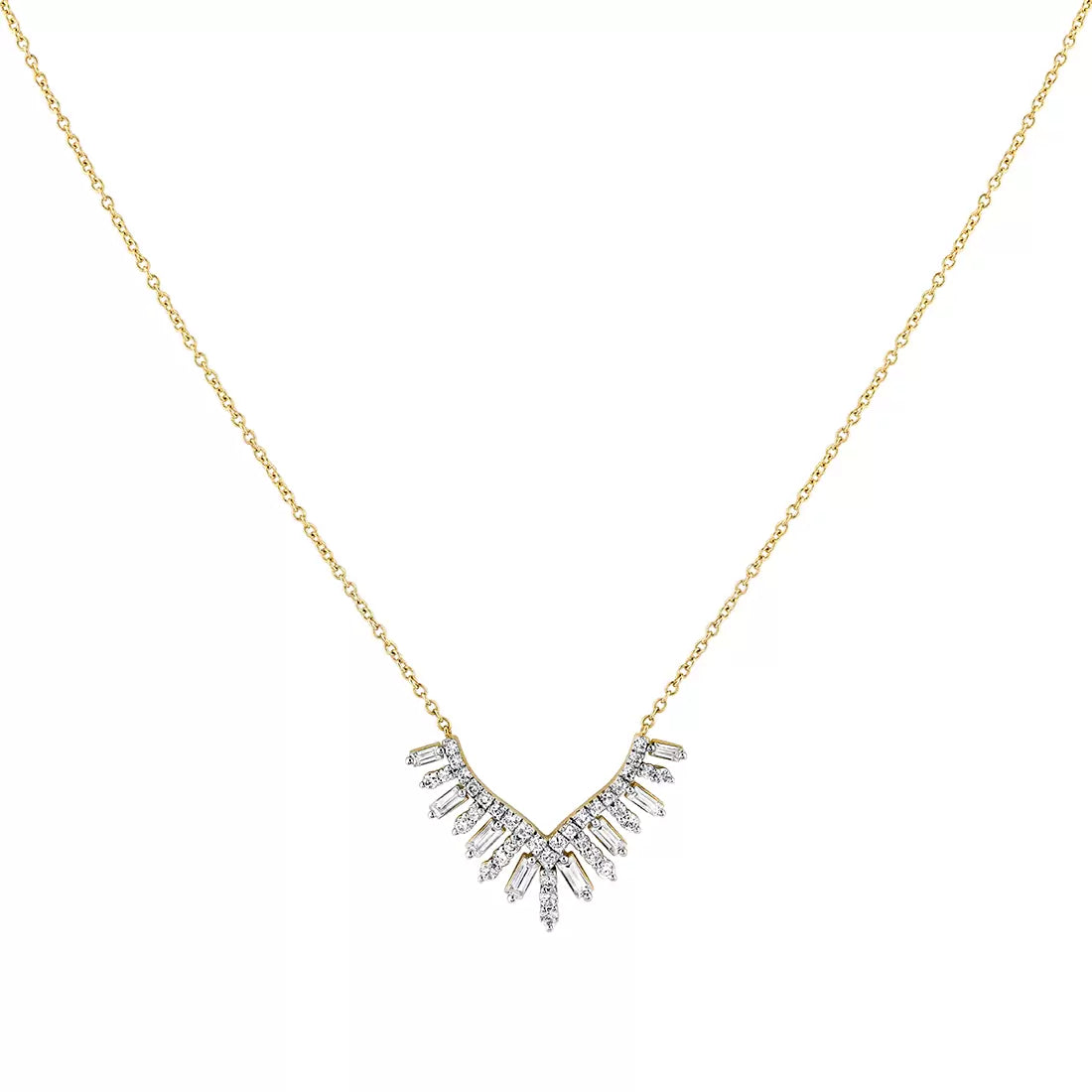 14K Éternelle Shell Tip Diamond Necklace with Alternating Round and Baguette Diamonds