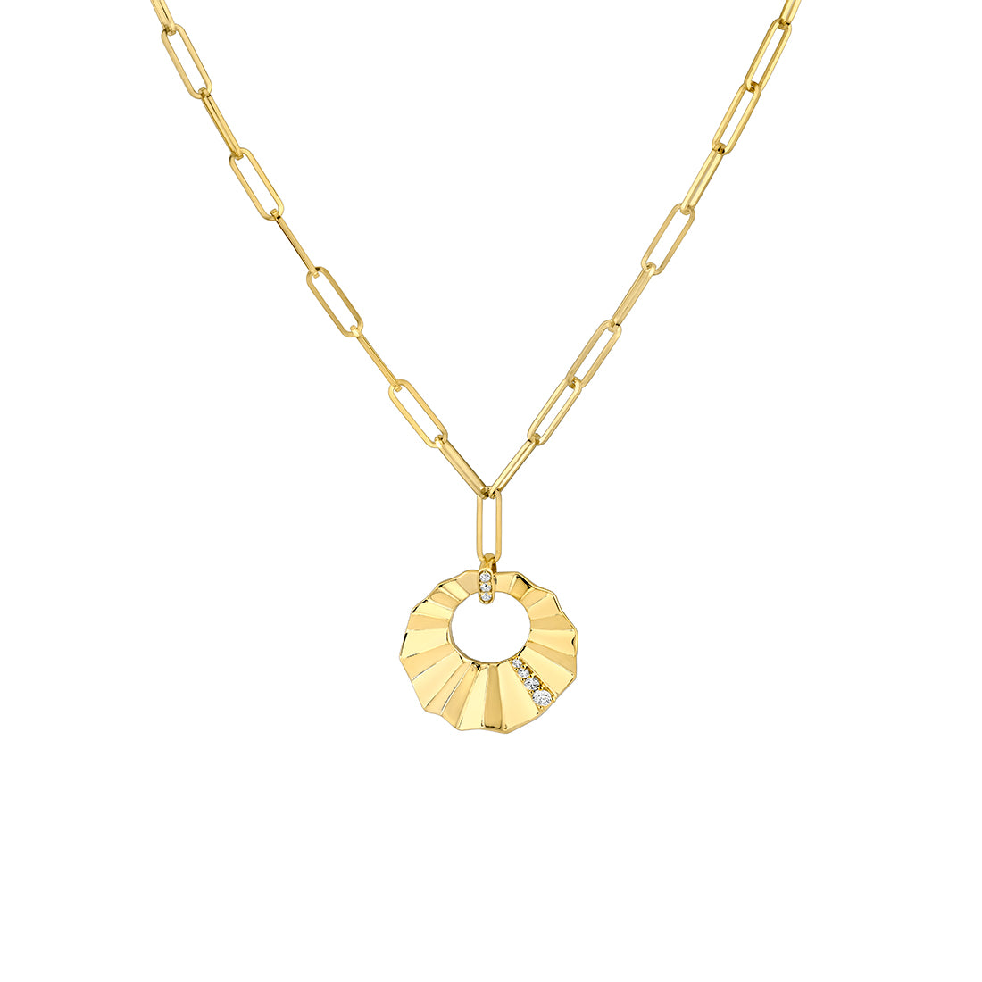 14K Linéaire Sculpted Open Medallion Diamond Pendant with Paperclip Chain