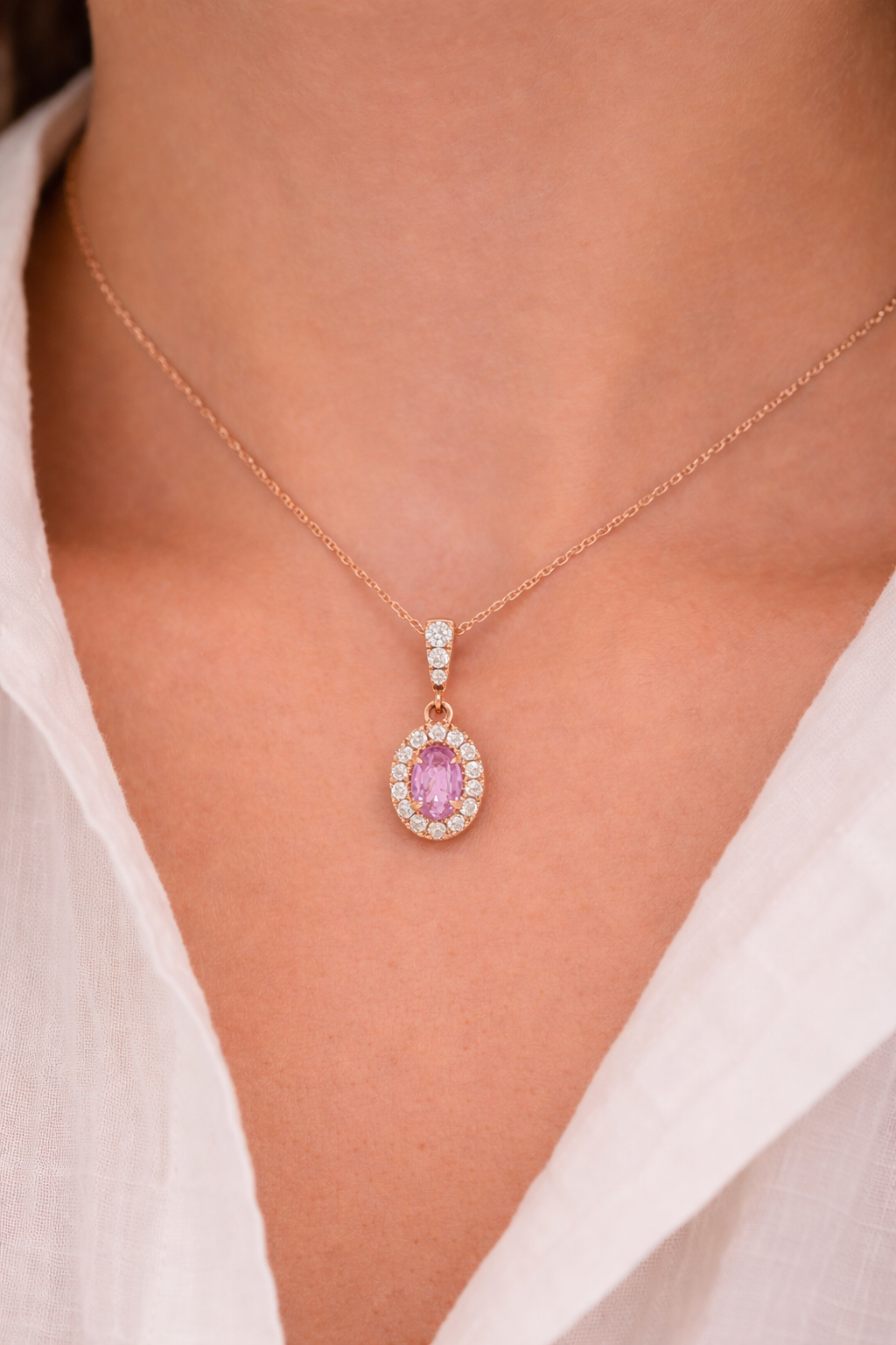 14K Rose Gold Oval Pink Sapphire And Diamond Halo Necklace (.83ctw)