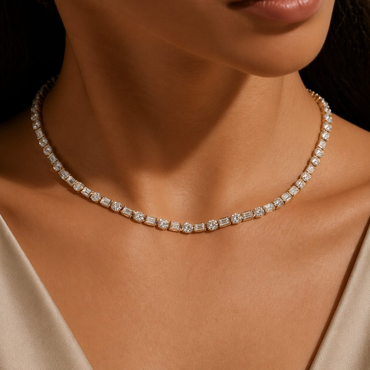 Yellow Gold Round and Baguette Diamond Riviera