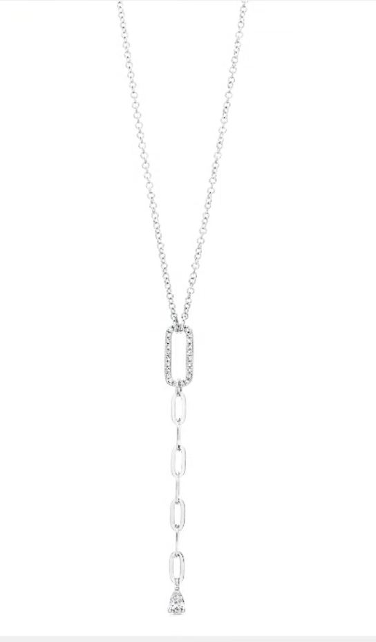 14K White Gold Dangling Pear Shape Paperclip Necklace (.15ctw)
