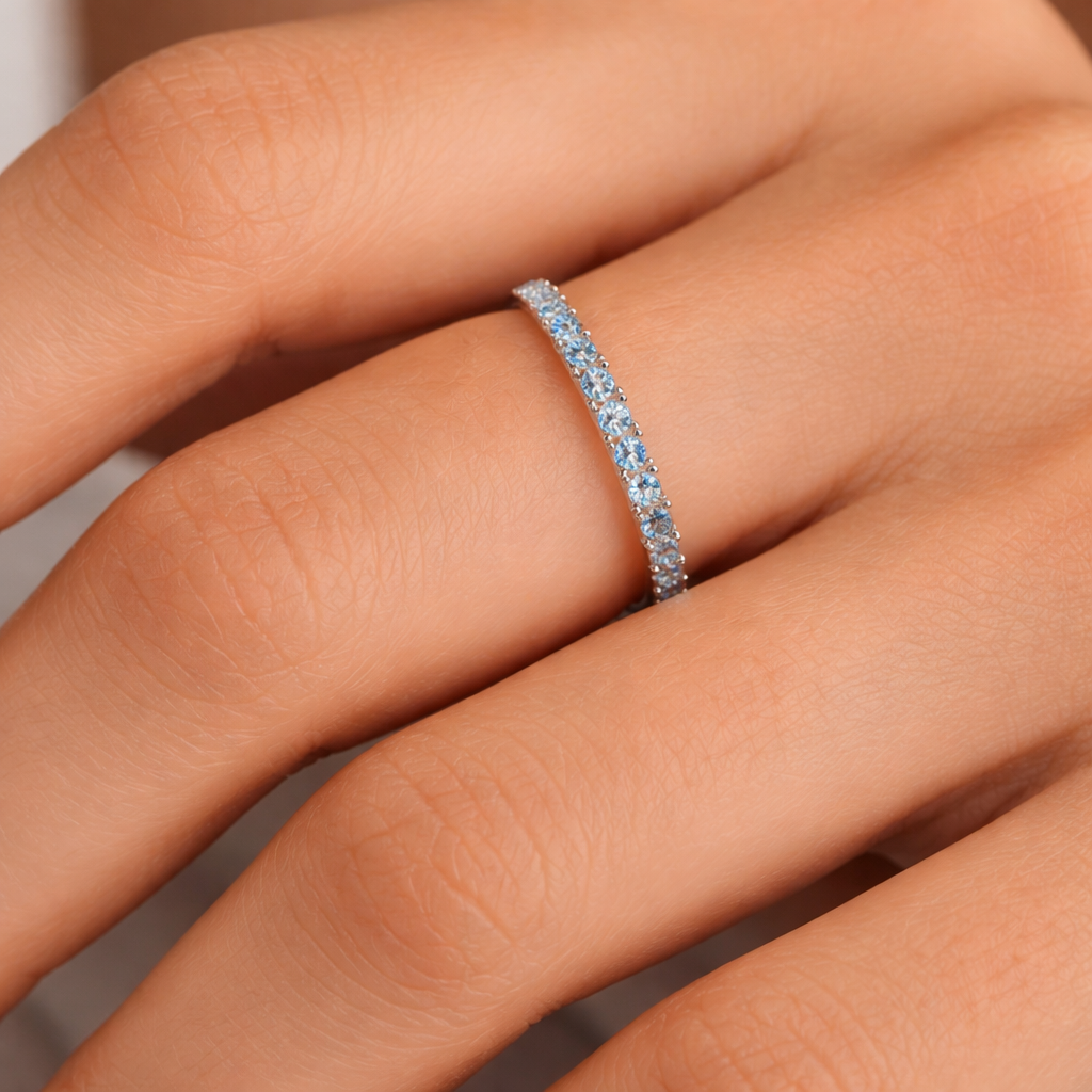 White Gold Pave Blue Topaz Stackable Ring