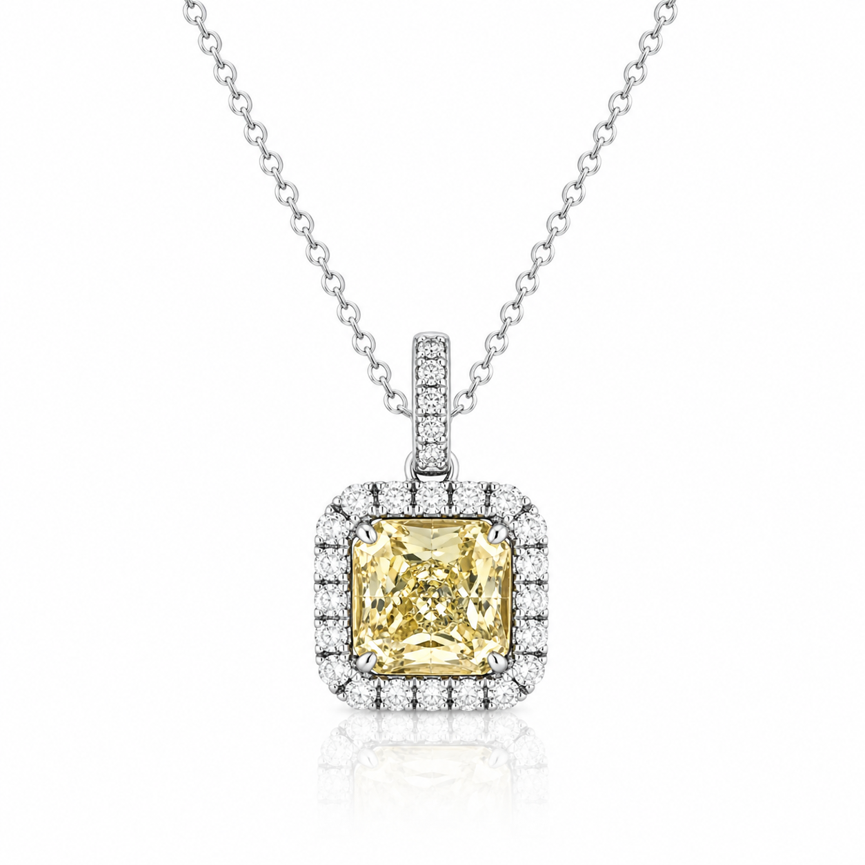 White and Yellow Gold Radiant Cut Fancy Yellow Diamond Halo Necklace