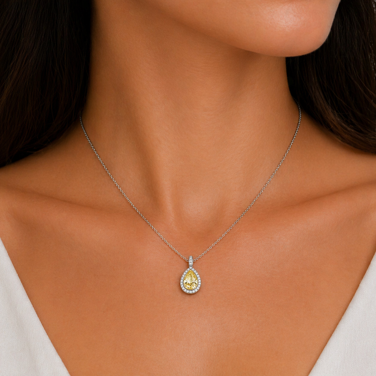 White and Yellow Gold Pear Shape Natural Fancy Yellow Diamond Halo Pendant