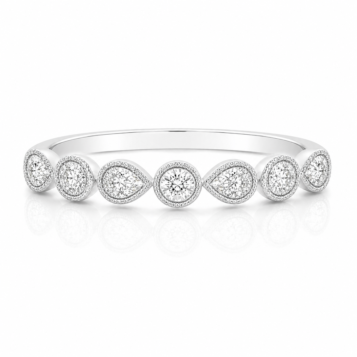 White Gold Diamond Round and Pear Bezel Stackable Ring