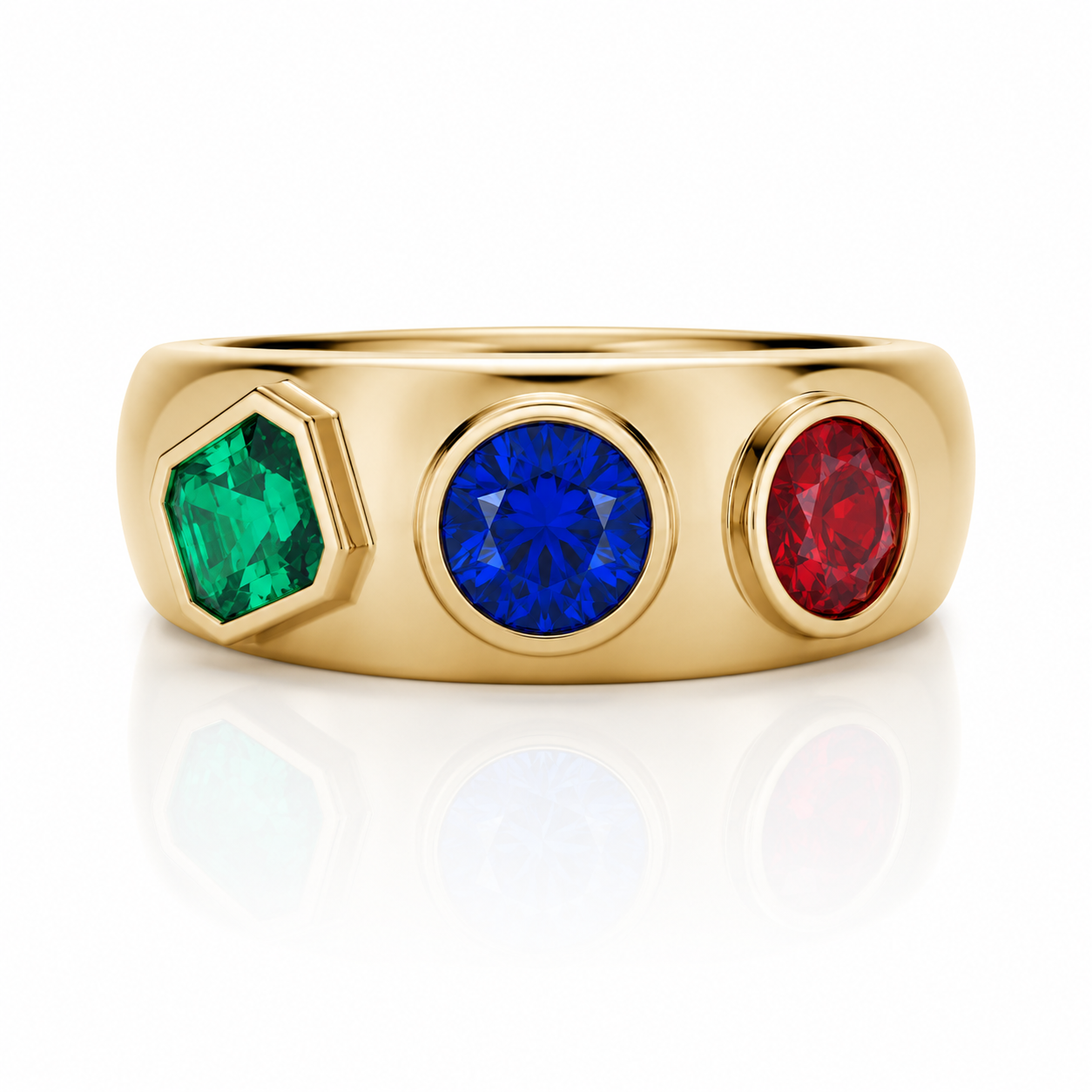 Yellow Gold Cigar Ring With Lab-Grown Ruby, Sapphire, and Emerald