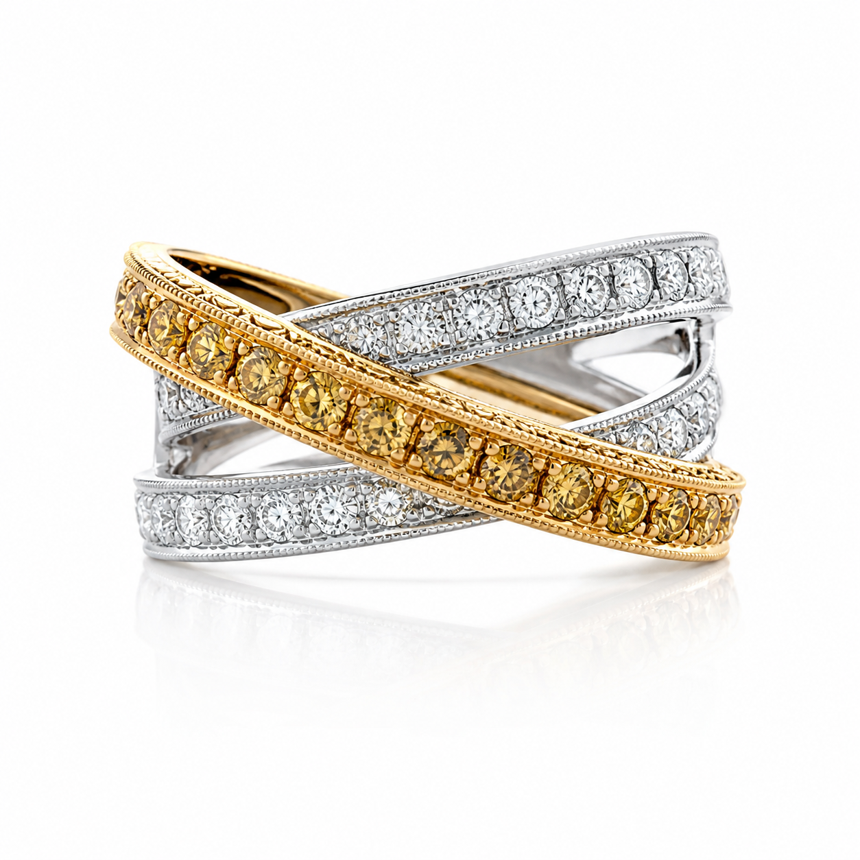 Yellow Gold and Palladium Fashion Ring With White and Fancy Yellow Diamonds