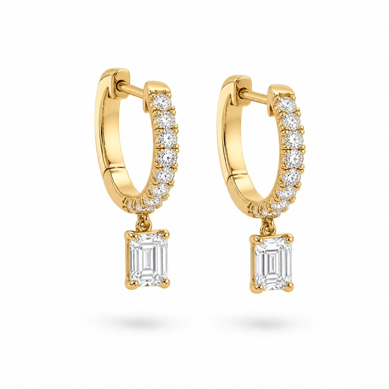 Yellow Gold Lab-Grown Diamond Huggies With Emerald Cut Dangle