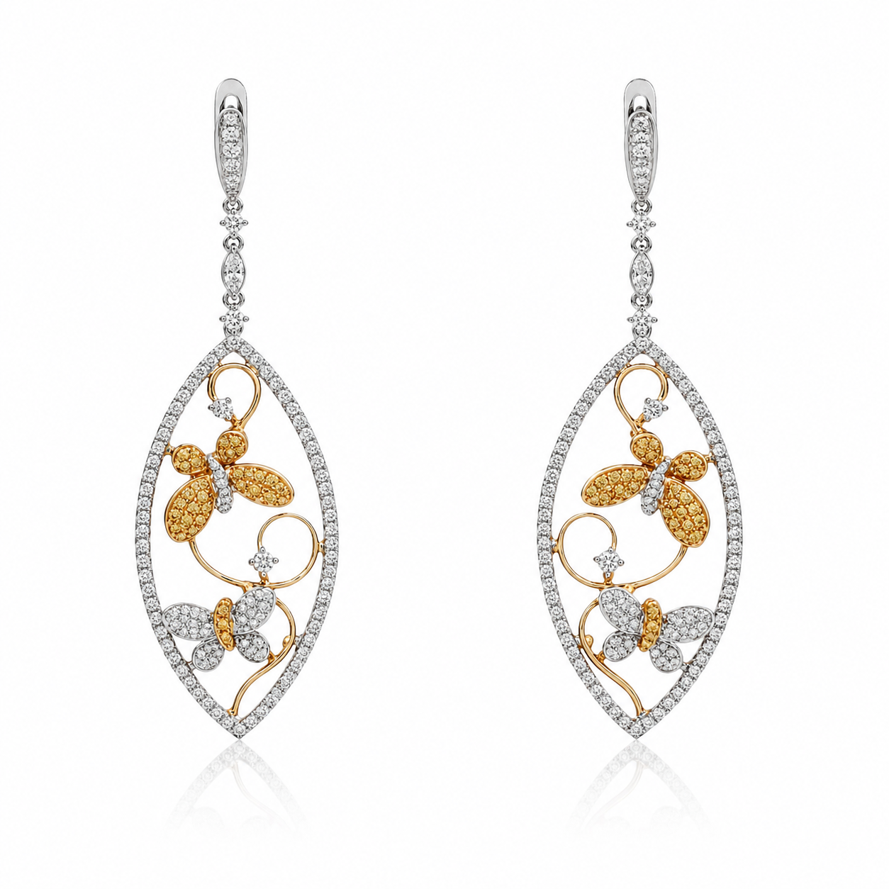 White and Yellow Gold Butterfly Drop Earrings