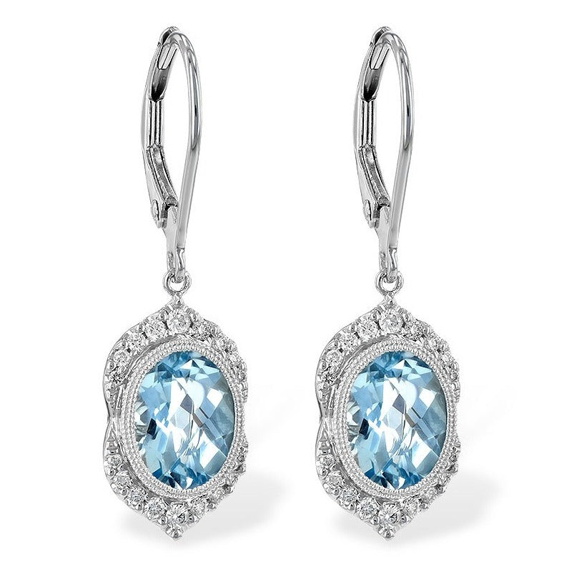 14K White Gold Oval Aquamarine And Diamond Halo Drop Earrings (2.43ctw)