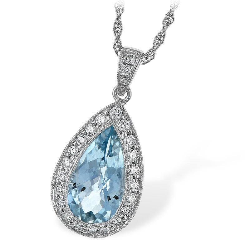 14K White Gold Pear Shape Aquamarine And Diamond Halo Pendant (2.55ctw)