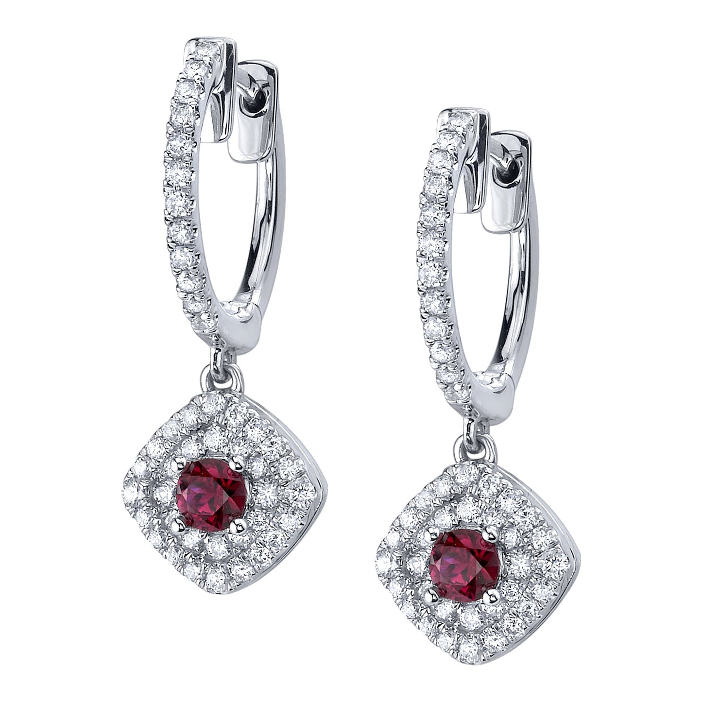 Double Halo Diamond Earrings with Ruby Center Stone