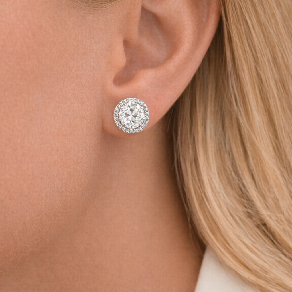 White Gold Diamond Halo Stud Earrings