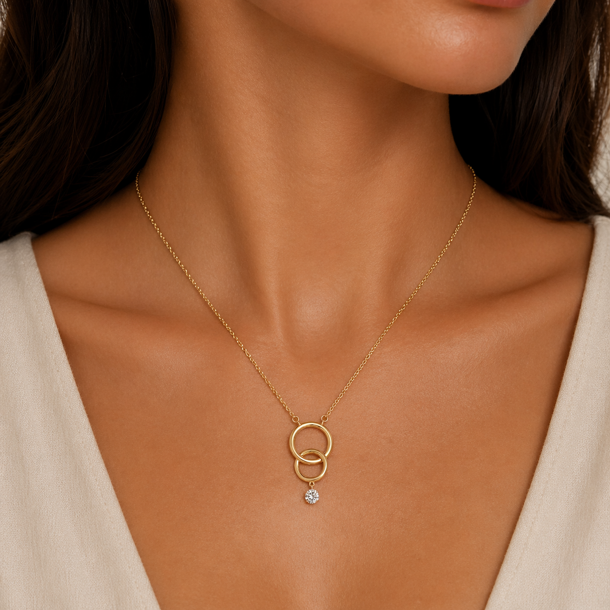 Yellow Gold Double Circle Necklace With Diamond Dangle Accent