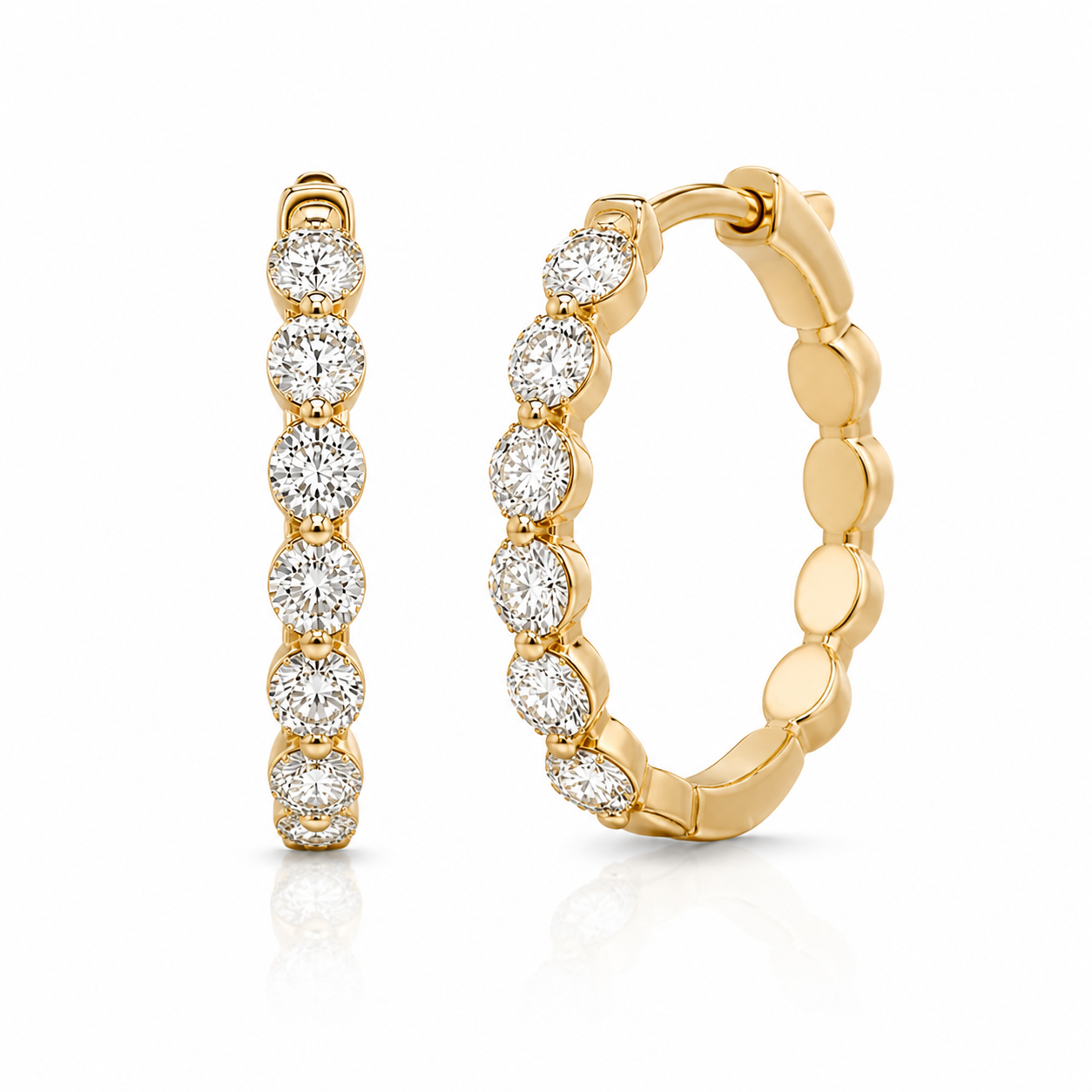 Yellow Gold Shared Prong Diamond Hoops
