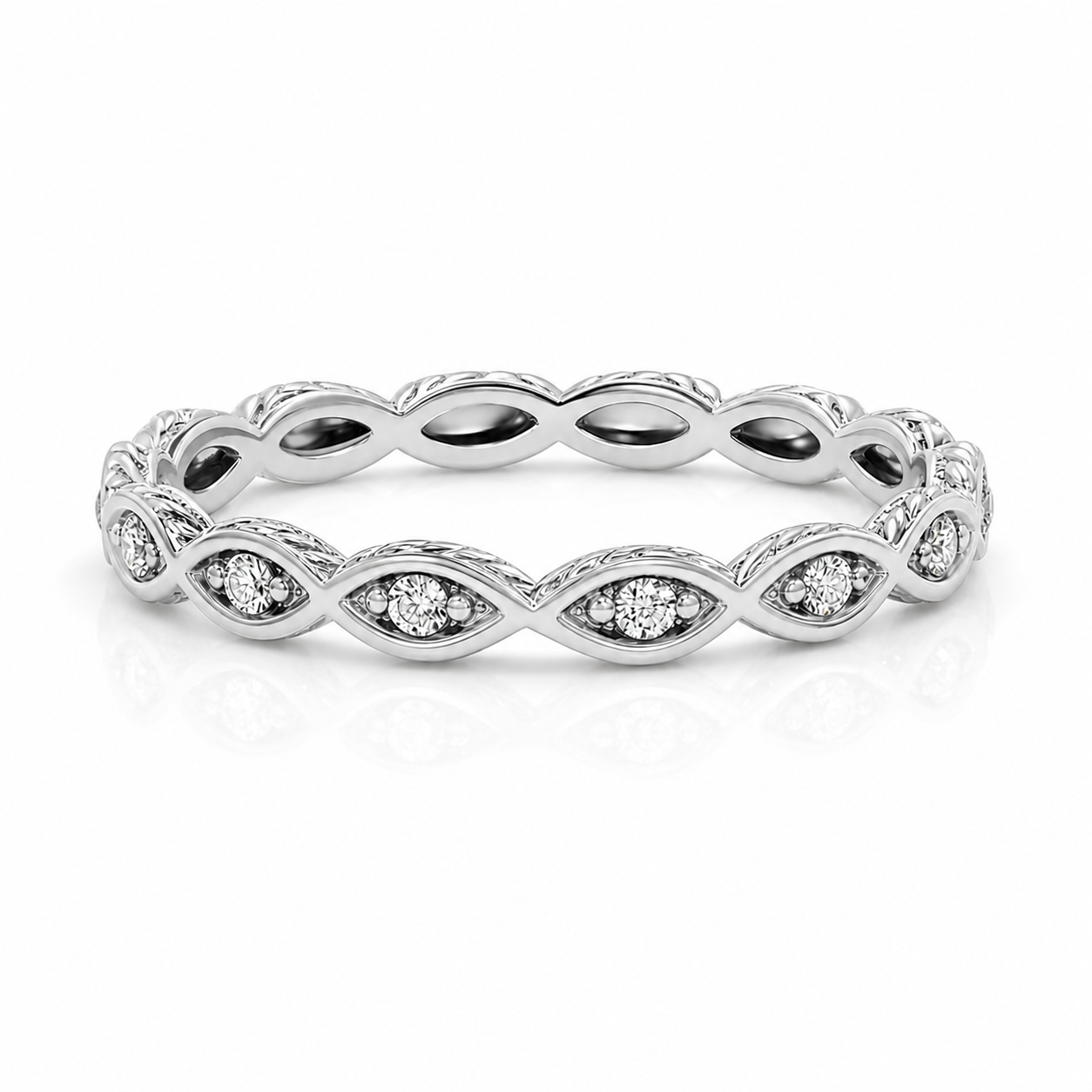 White Gold Scalloped Diamond Eternity Stackable Ring
