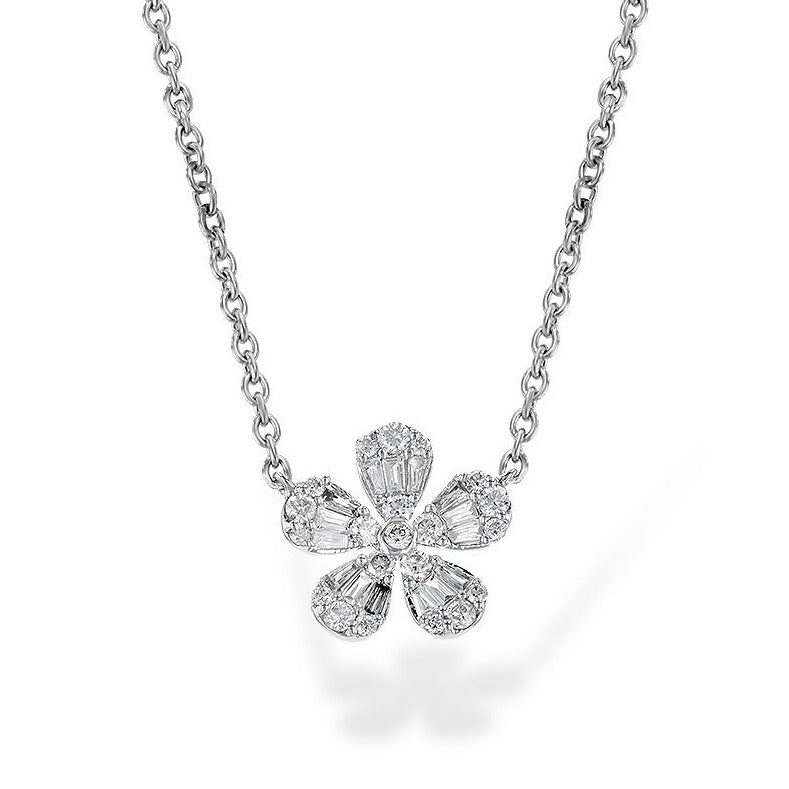 14K While Gold Baguette And Round Diamond Flower Necklace (.26ctw)