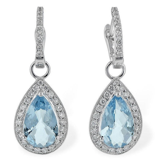 14K White Gold Pear Shape Aquamarine And Diamond Halo Dangle Earrings (3.88ctw)