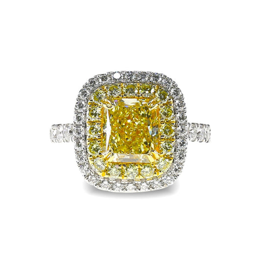 18K White Gold Cushion Cut Double Halo Yellow Diamond Ring (4.10ctw)