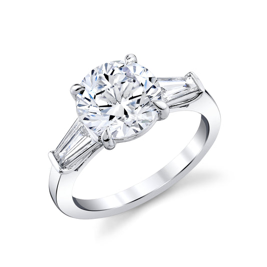 14K White Gold Round Brilliant Diamond Engagment Ring With Tapered Baguette Side Diamonds (3.45ctw)