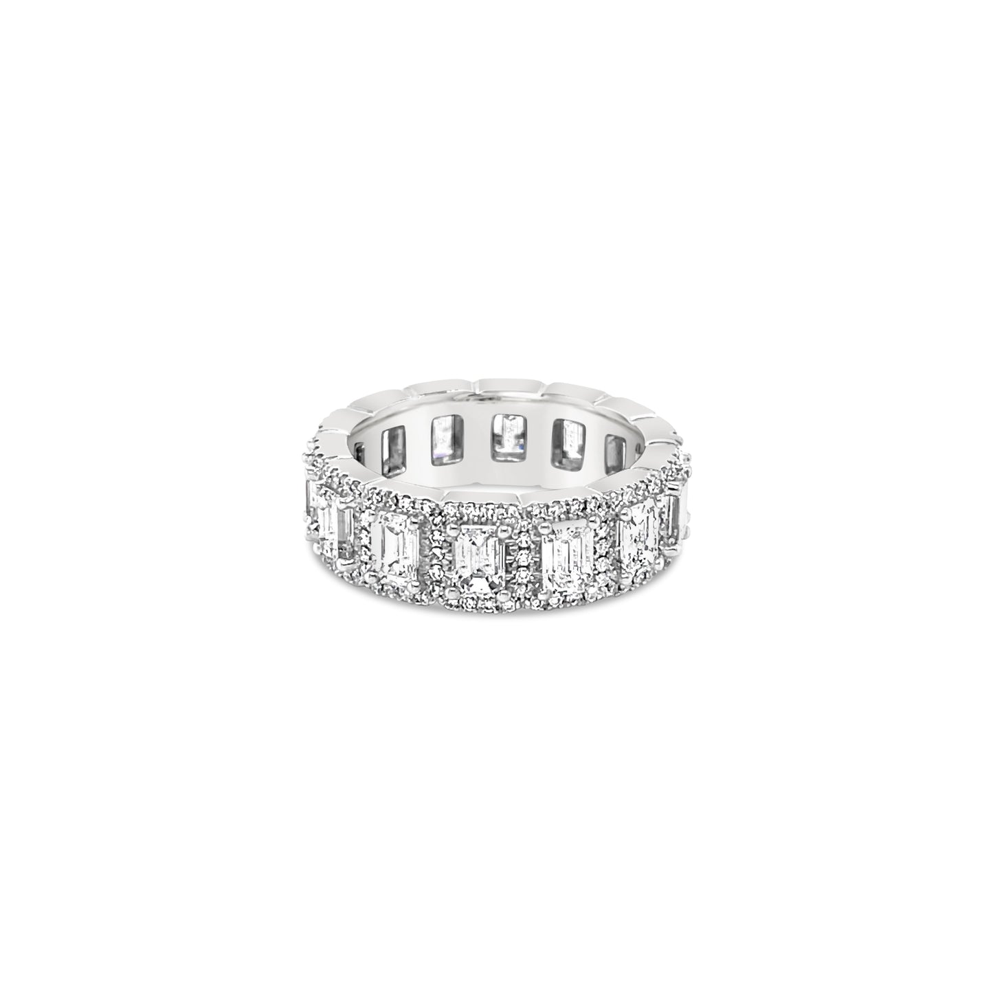 14K White Gold Halo Eternity Ring With Emerald Cut Diamonds (3.40ctw)