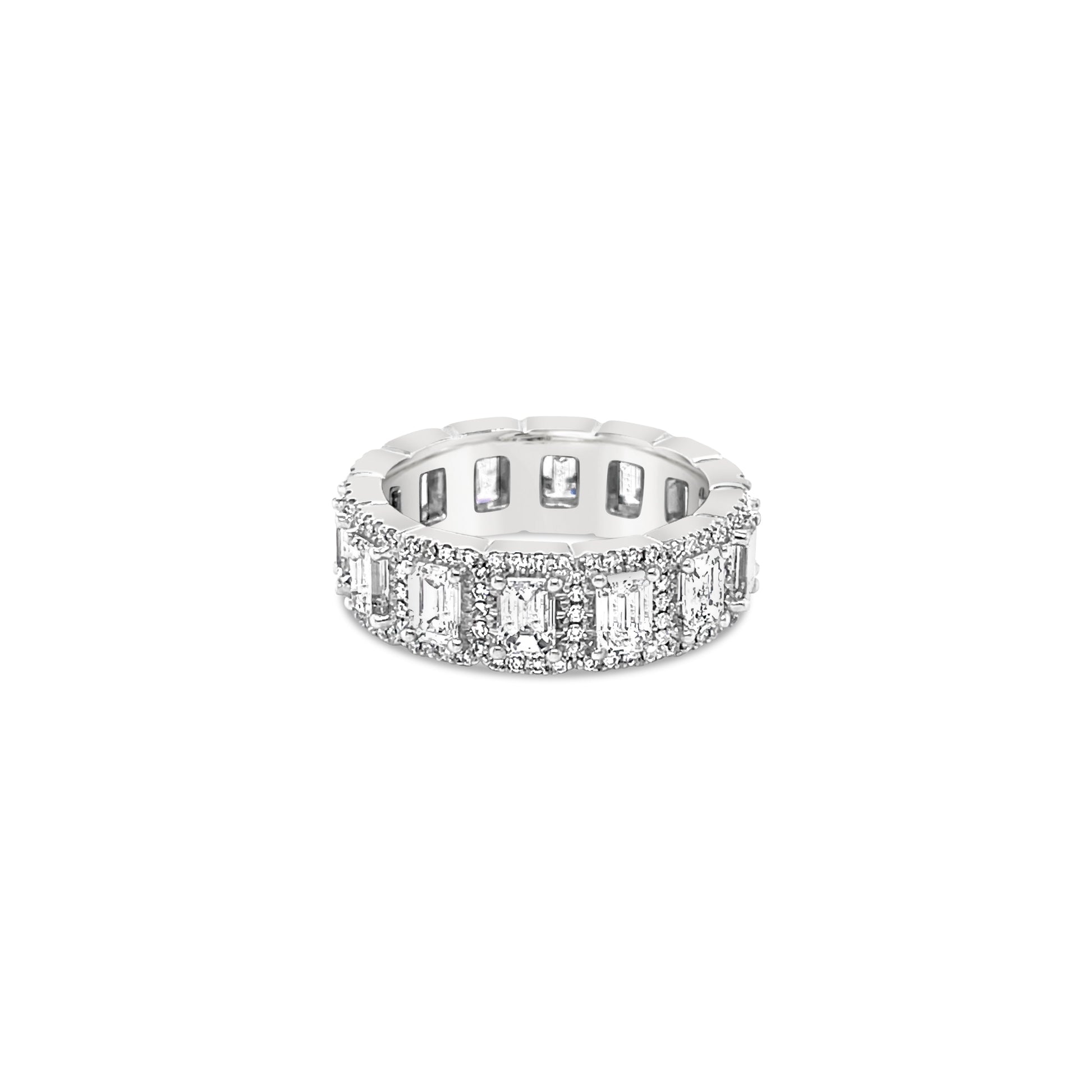 14K White Gold Halo Eternity Ring With Emerald Cut Diamonds (3.40ctw)