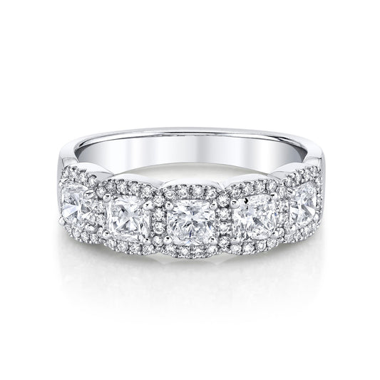 14K White Gold Five Stone Halo Cushion Cut Ring (1.25ctw)