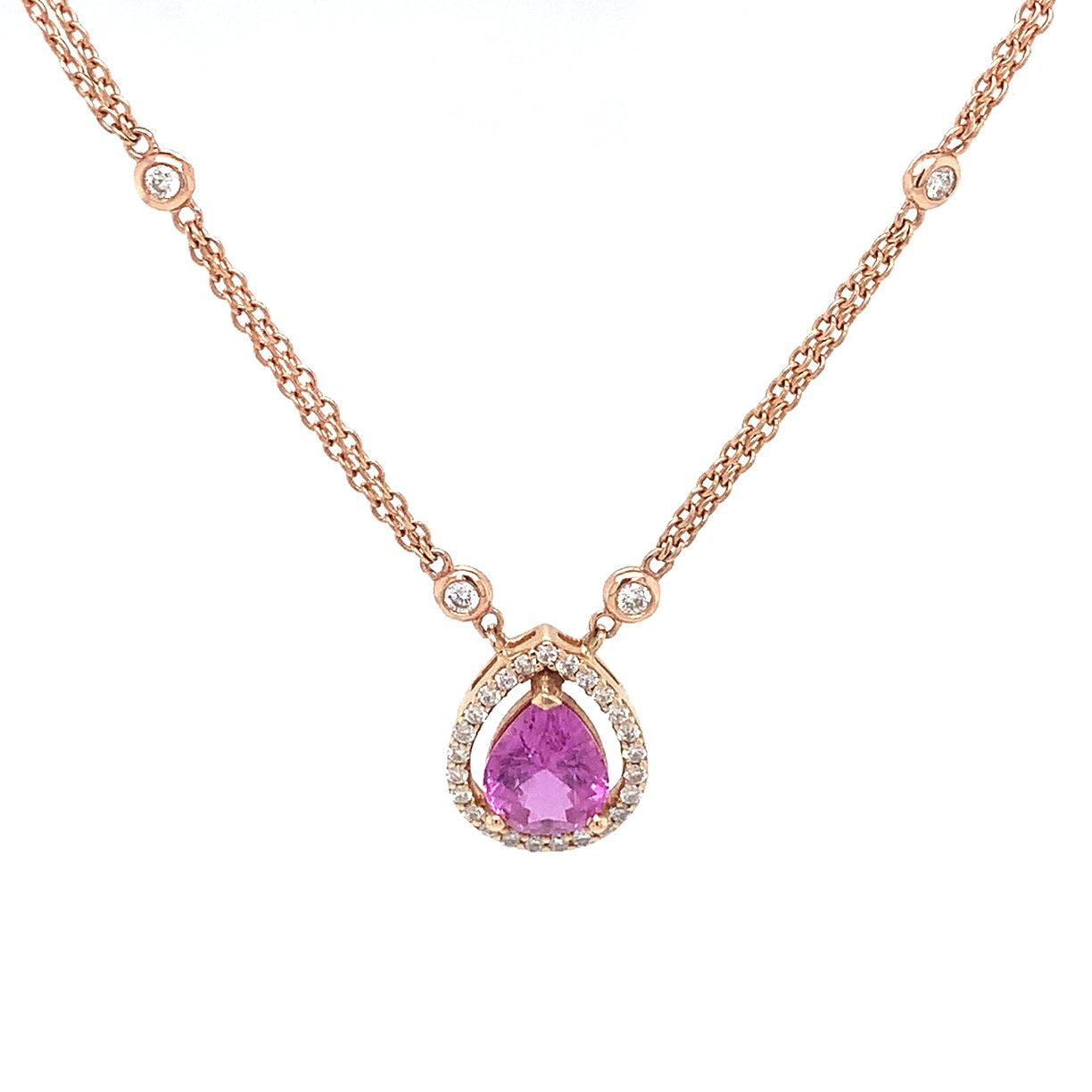 18K Rose Gold Pear Shape Pink Sapphire And Diamond Halo Necklace (2.88ctw)