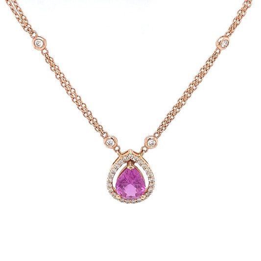 18K Rose Gold Pear Shape Pink Sapphire And Diamond Halo Necklace (2.88ctw)