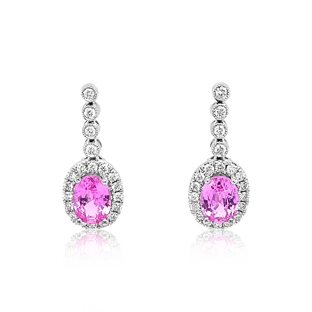 14K White Gold Oval Pink Sapphire And Diamond Halo Drop Earrings (2.41ctw) 