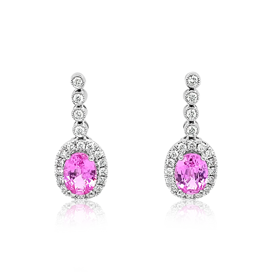 14K White Gold Oval Pink Sapphire And Diamond Halo Drop Earrings (2.41ctw) 