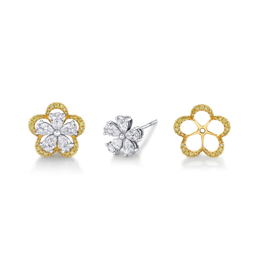 18K White Gold Diamond Flower Studs With Yellow Diamond Jackets (1.51ctw)