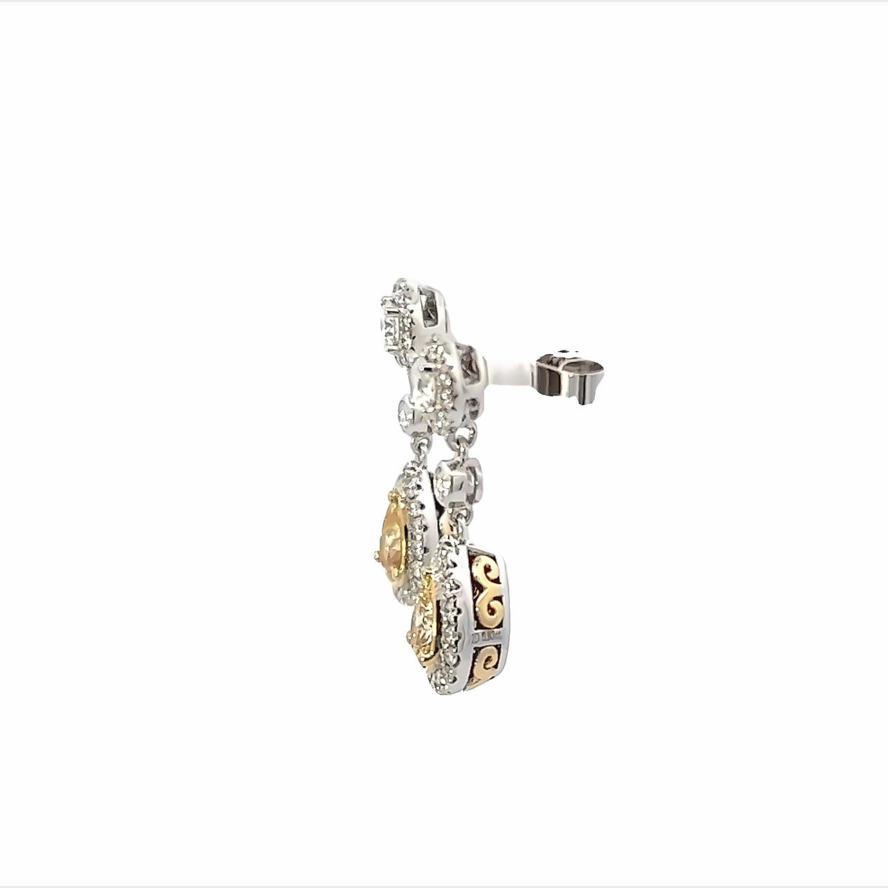 18K White And Yellow Gold Pear Shape Fancy Yellow Diamond Halo Drop Earrings (1.30ctw) 