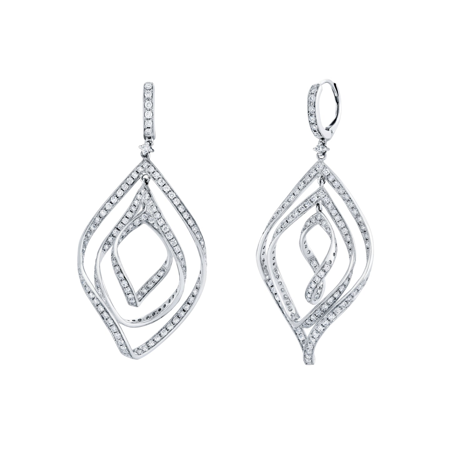18K White Gold Diamond Pave Leaf Style Drop Earrings (3.22ctw)