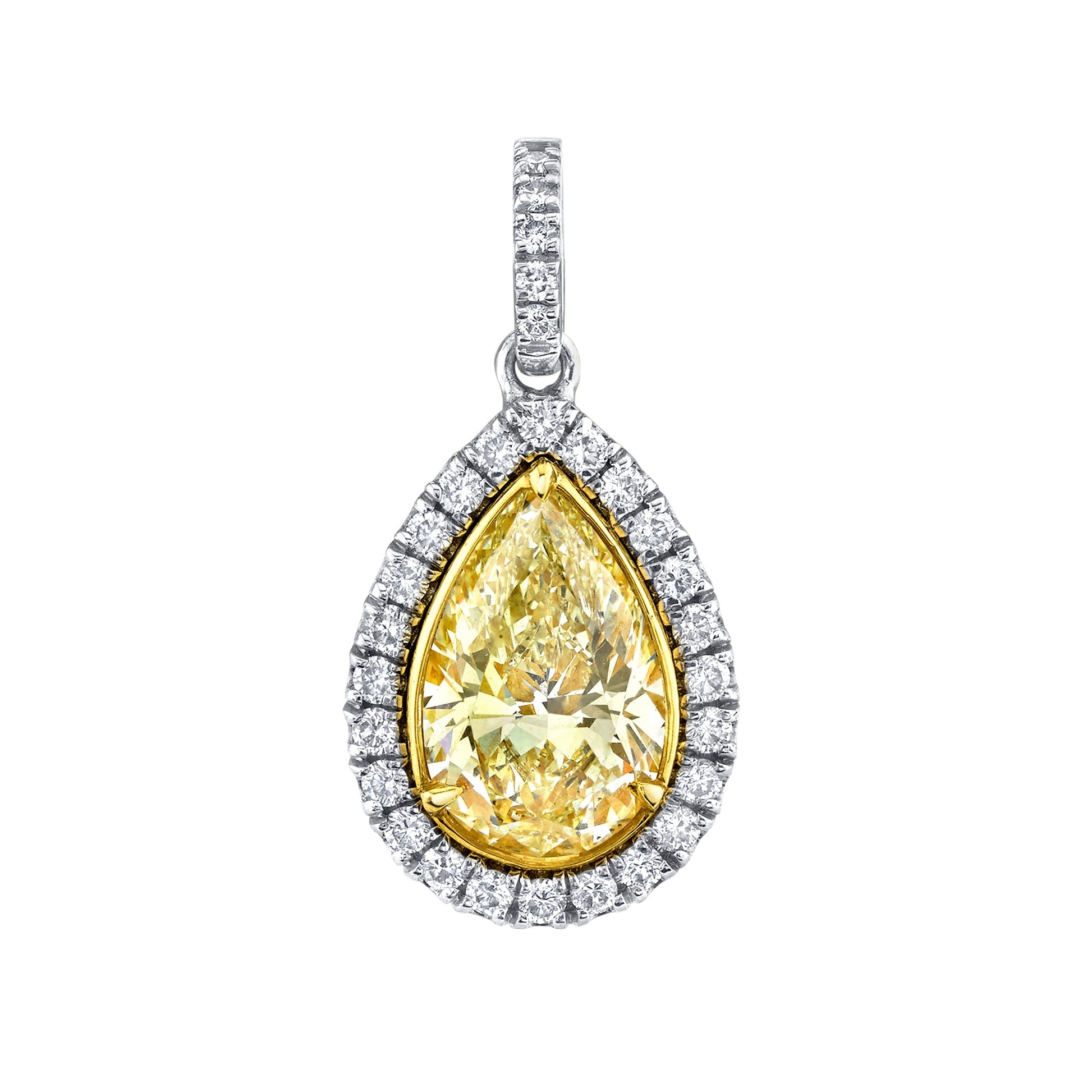 18K White And Yellow Gold Pear Shape Yellow Diamond Halo Necklace (1.97ctw)