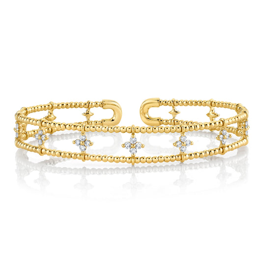 14K Yellow Gold Diamond Beaded Cuff Bangle Bracelet (0.76ct)