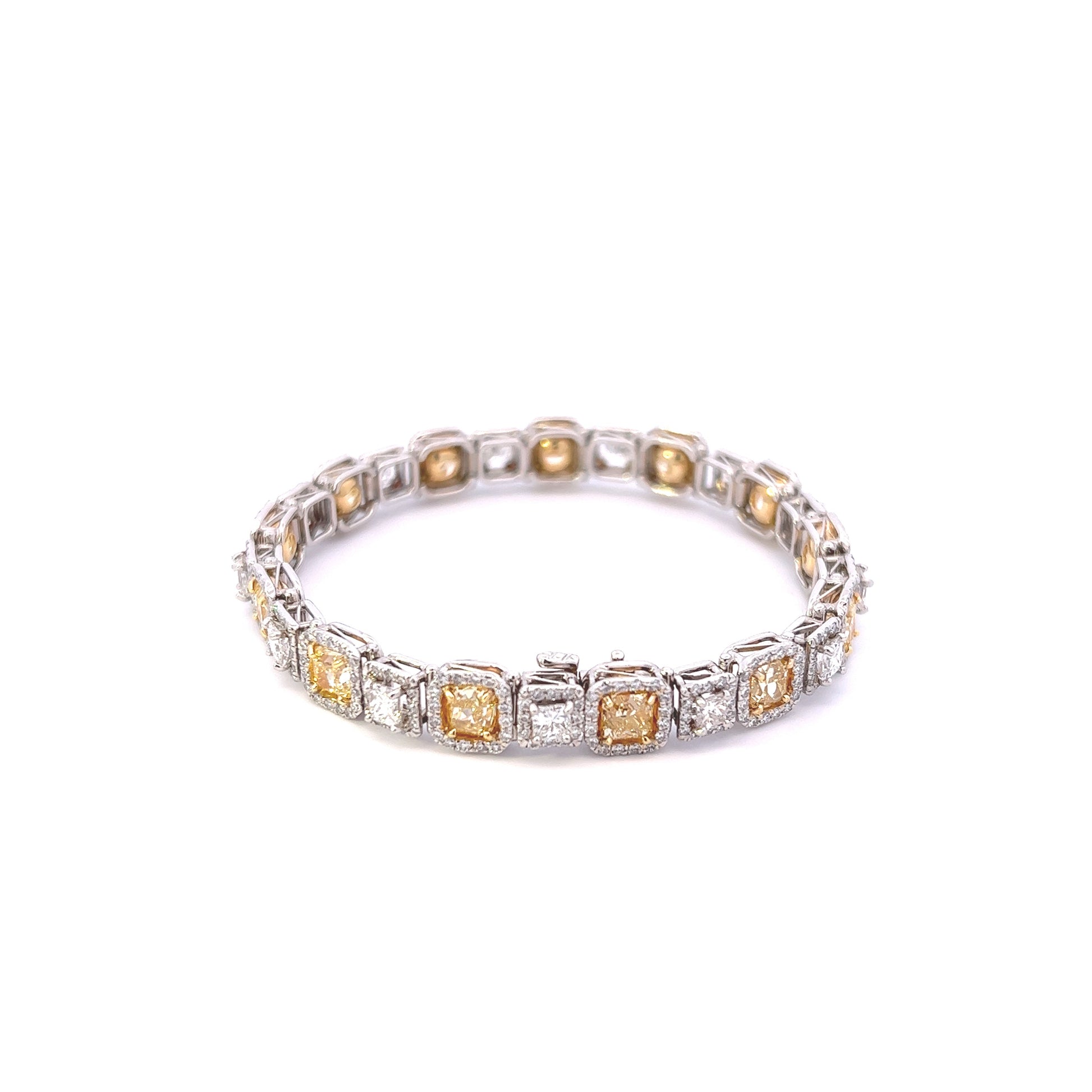 Platinum Cushion Cut Fancy Yellow And Princess Cut White Diamond Halo Bracelet (17.10ctw) 