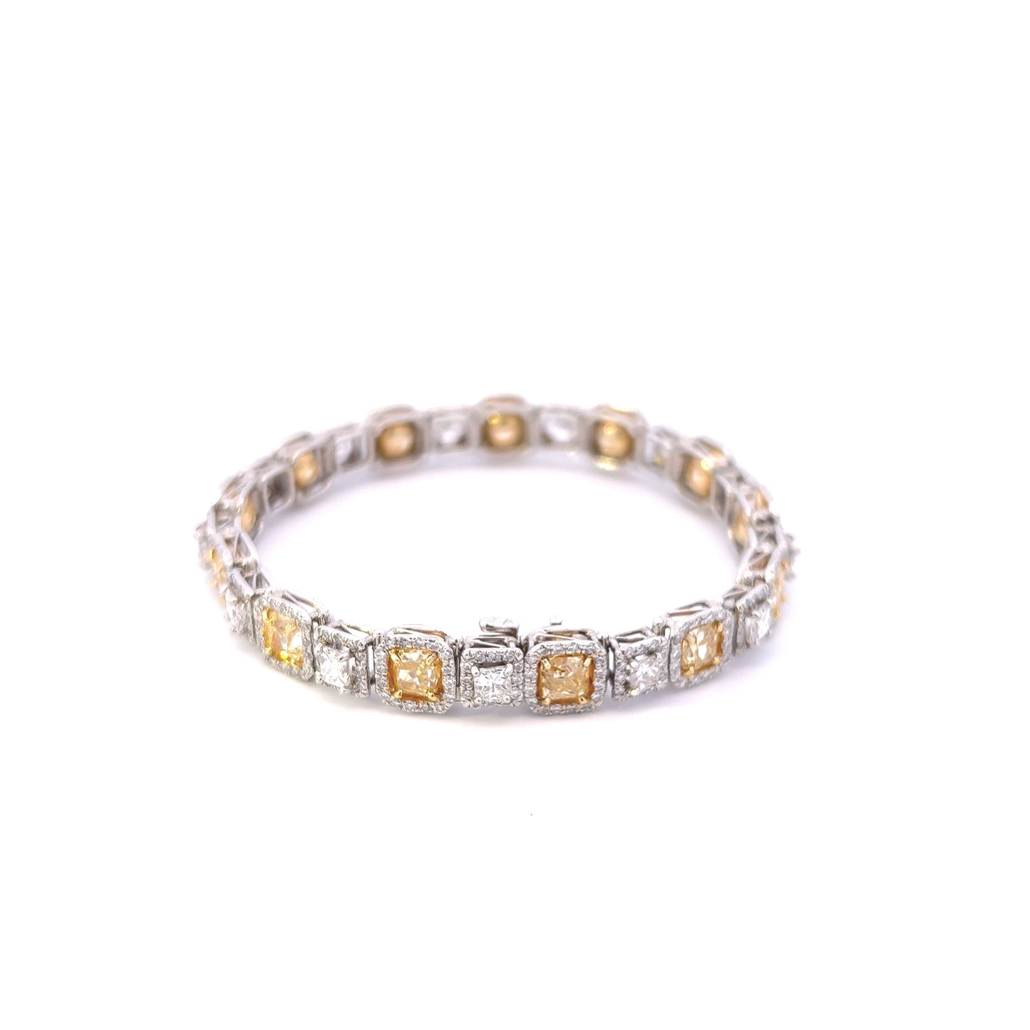 Platinum Cushion Cut Fancy Yellow And Princess Cut White Diamond Halo Bracelet (17.10ctw) 