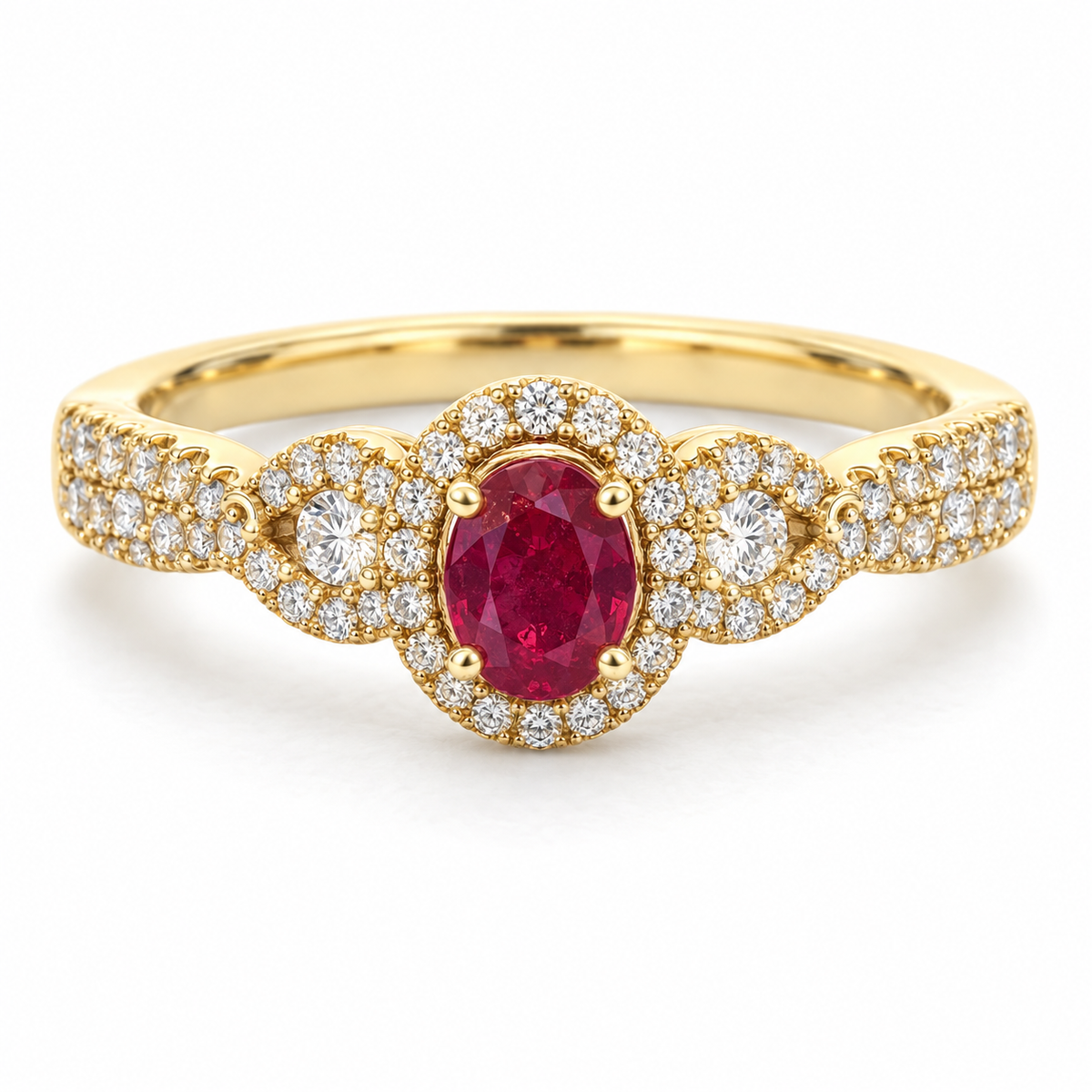 0.72ct Oval Ruby and Diamond Halo Ring in 18K Yellow Gold