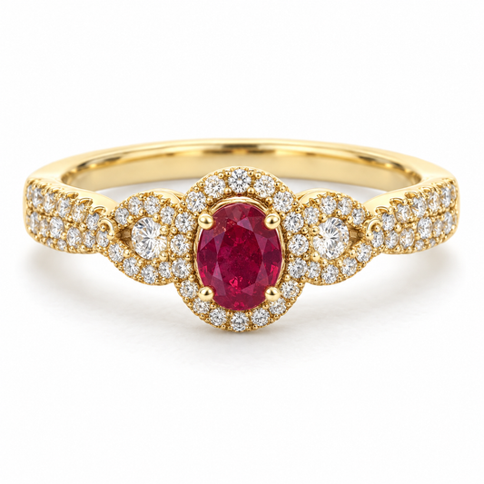 0.72ct Oval Ruby and Diamond Halo Ring in 18K Yellow Gold