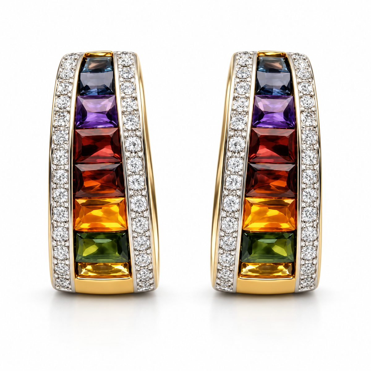 3.00ctw Baguette Multi-Gemstone and Diamond Earrings in 18K Yellow Gold