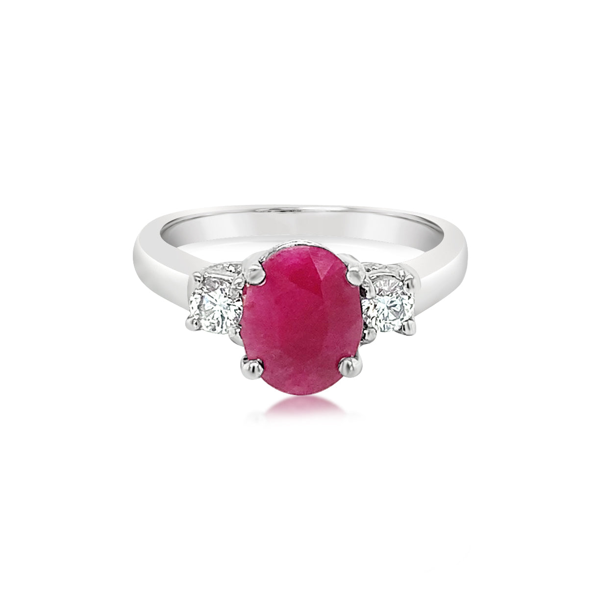 14K White Gold Oval Ruby And Diamond Three Stone Ring (2ctw)